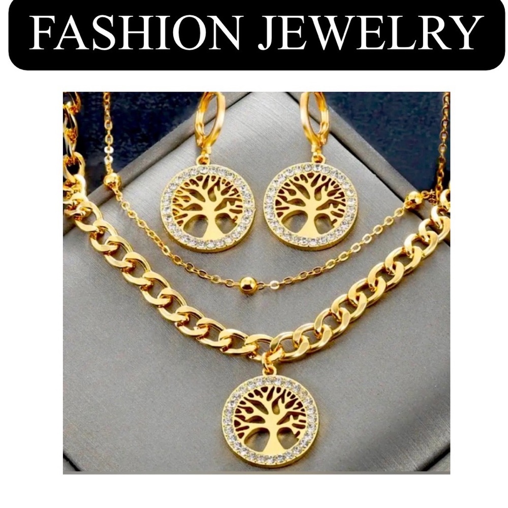 Gold Tone & Zirconia Double-Layer Life Tree Necklace w/Matching Earrings, NIP